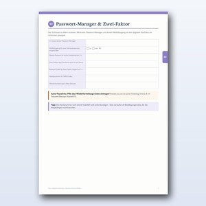 May include: A white page from a document titled Passwort-Manager & Zwei-Faktor, featuring a table with rows for password manager details, two-factor authentication settings, and recovery information, with purple accents and text.