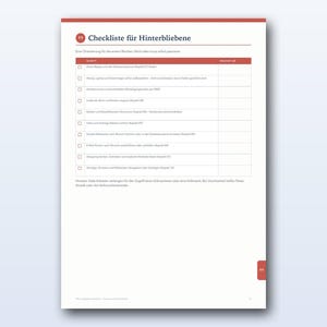 May include: A white document page titled Checkliste f&uuml;r Hinterbliebene with a red header and footer. The page features a table with checkboxes for tasks, including items like securing digital accounts, contracts, and personal documents.
