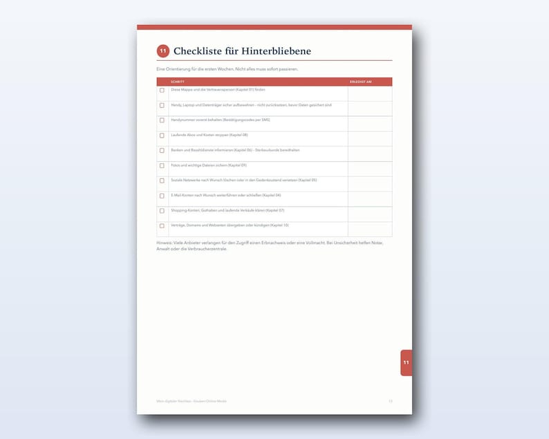 May include: A white document page titled Checkliste f&uuml;r Hinterbliebene with a red header and footer. The page features a table with checkboxes for tasks, including items like securing digital accounts, contracts, and personal documents.