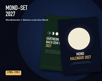 Könnte beinhalten: Ein Set aus zwei digitalen Dokumenten mit dem Titel MOND-SET 2027. Ein Dokument ist dunkelgrün mit dem Text GÄRTNERN NACH DEM MOND 2027, das andere ist dunkelblau mit einer großen weißen Mondgrafik und dem Text MOND KALENDER 2027.