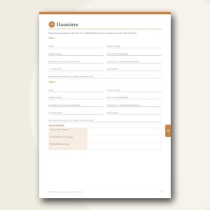 May include: A white page from a planner titled Haustiere, featuring sections for two pets with fields for name, breed, birth date, chip number, registration, insurance, food, and medication, plus a care contact table at the bottom.