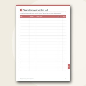 May include: A white page from a planner with a red header labelled 18 Wer informiert werden soll. It features a grid table with columns for name, relationship, phone or email, and notification status, with a red tab marked 18 on the side.