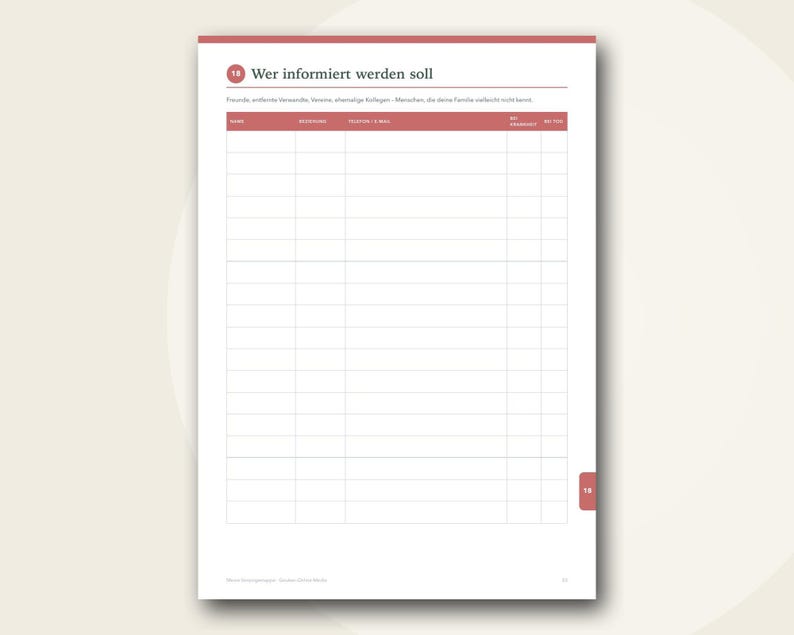 May include: A white page from a planner with a red header labelled 18 Wer informiert werden soll. It features a grid table with columns for name, relationship, phone or email, and notification status, with a red tab marked 18 on the side.