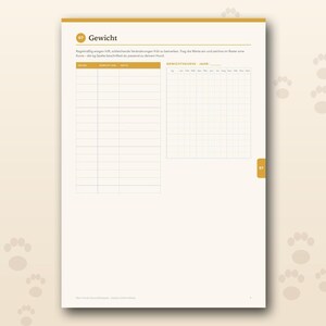 Pu&ograve; includere: Una pagina color crema tratta da un diario di salute per animali domestici intitolata Gewicht, dotata di una tabella per il monitoraggio del peso con colonne per data, peso e note, oltre a un grafico a griglia per tracciare i trend annuali.