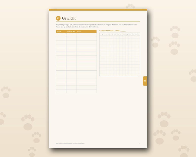 Pu&ograve; includere: Una pagina color crema tratta da un diario di salute per animali domestici intitolata Gewicht, dotata di una tabella per il monitoraggio del peso con colonne per data, peso e note, oltre a un grafico a griglia per tracciare i trend annuali.