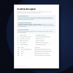 Puede incluir: Una p&aacute;gina de instrucciones blanca titulada So nutzt du dein Logbuch, que presenta secciones sobre observaci&oacute;n con telescopio, c&aacute;lculos de aumento y seguridad solar, seguidas de tablas que detallan la visibilidad atmosf&eacute;rica, la transparencia y el brillo del cielo.