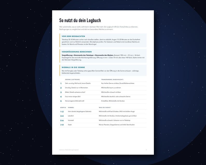Puede incluir: Una p&aacute;gina de instrucciones blanca titulada So nutzt du dein Logbuch, que presenta secciones sobre observaci&oacute;n con telescopio, c&aacute;lculos de aumento y seguridad solar, seguidas de tablas que detallan la visibilidad atmosf&eacute;rica, la transparencia y el brillo del cielo.
