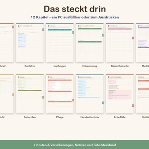 Pu&ograve; includere: Un set di pianificatori digitali per animali domestici con 12 pagine distinte con schede, intitolato Das steckt drin, 12 Kapitel - am PC ausf&uuml;llbar oder zum Ausdrucken. Include sezioni per Steckbrief, Kontakte, Impfungen, Entwurmung, Tierarztbesuche, Medikamente, Gewicht, Futterplan, Pflege, Hundesitter-Info, Erste Hilfe e Notfallkarten.