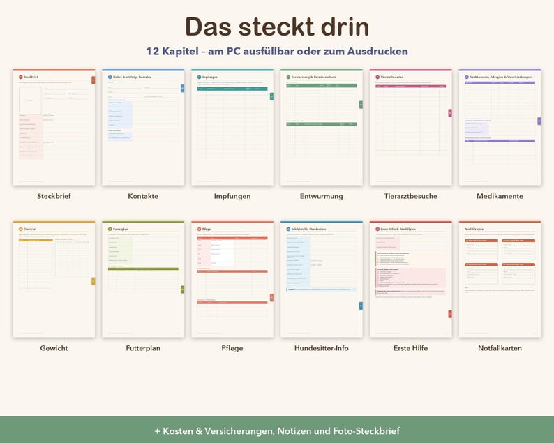Pu&ograve; includere: Un set di pianificatori digitali per animali domestici con 12 pagine distinte con schede, intitolato Das steckt drin, 12 Kapitel - am PC ausf&uuml;llbar oder zum Ausdrucken. Include sezioni per Steckbrief, Kontakte, Impfungen, Entwurmung, Tierarztbesuche, Medikamente, Gewicht, Futterplan, Pflege, Hundesitter-Info, Erste Hilfe e Notfallkarten.
