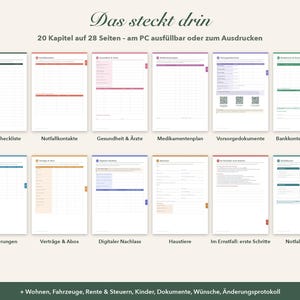 May include: A digital planner template featuring 20 chapters across 28 pages, fillable on a PC or printable. The layout includes sections for emergency contacts, health, medications, documents, bank accounts, insurance, and digital assets.