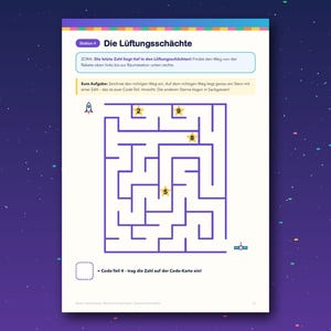 May include: A white activity sheet titled Station 4 Die L&uuml;ftungssch&auml;chte featuring a purple maze. A rocket icon is at the top left and a space station icon is at the bottom right. Yellow stars labeled with numbers 2, 9, 8, and 5 are inside.