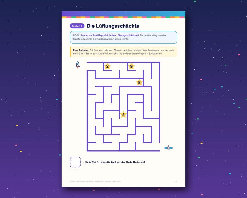 May include: A white activity sheet titled Station 4 Die L&uuml;ftungssch&auml;chte featuring a purple maze. A rocket icon is at the top left and a space station icon is at the bottom right. Yellow stars labeled with numbers 2, 9, 8, and 5 are inside.