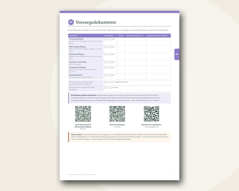 Puede incluir: Una p&aacute;gina de documento blanca titulada Vorsorgedokumente con un encabezado y una pesta&ntilde;a de color morado. Incluye una tabla para documentos legales, casillas de verificaci&oacute;n y tres c&oacute;digos QR etiquetados como Vorsorgevollmacht & Betreuungsverf&uuml;gung, Patientenverf&uuml;gung y Zentrales Vorsorgeregister.