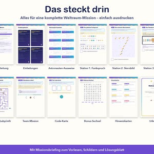 May include: A collection of printable space mission activity sheets including instructions, invitations, astronaut IDs, puzzles, a word search, hint cards, and a certificate. The pages feature text in German, colorful graphics, and space-themed icons.
