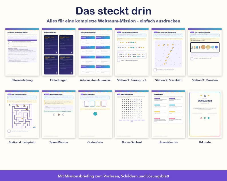 May include: A collection of printable space mission activity sheets including instructions, invitations, astronaut IDs, puzzles, a word search, hint cards, and a certificate. The pages feature text in German, colorful graphics, and space-themed icons.