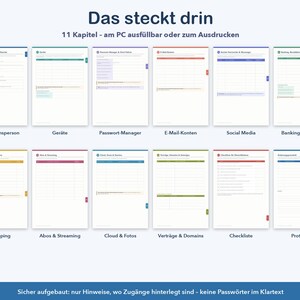 May include: A digital planner set featuring 11 distinct pages with color-coded tabs for organizing personal data. The header reads Das steckt drin, 11 Kapitel - am PC ausf&uuml;llbar oder zum Ausdrucken, with a footer stating Sicher aufgebaut.