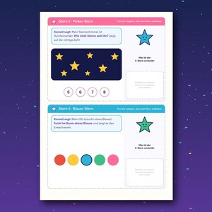 May include: A white educational activity sheet with two sections featuring German text. The top section shows a dark blue rectangle with seven yellow stars and numbers 5, 6, 7, 8. The bottom section displays five colored circles in red, yellow, blue, green, and pink.