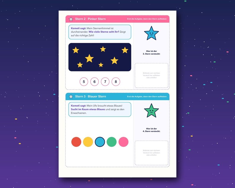 May include: A white educational activity sheet with two sections featuring German text. The top section shows a dark blue rectangle with seven yellow stars and numbers 5, 6, 7, 8. The bottom section displays five colored circles in red, yellow, blue, green, and pink.