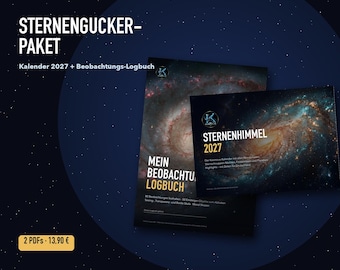 Può includere: Un pacchetto digitale che include un calendario 2027 intitolato STERNENHIMMEL e un diario di osservazione intitolato MEIN BEOBACHTUNGS-LOGBUCH. Entrambi gli articoli presentano immagini di galassie su sfondo scuro con testo bianco e un logo.