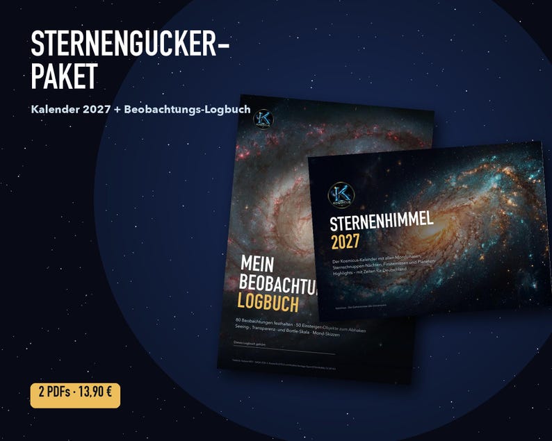 Pu&ograve; includere: Un pacchetto digitale che include un calendario 2027 intitolato STERNENHIMMEL e un diario di osservazione intitolato MEIN BEOBACHTUNGS-LOGBUCH. Entrambi gli articoli presentano immagini di galassie su sfondo scuro con testo bianco e un logo.