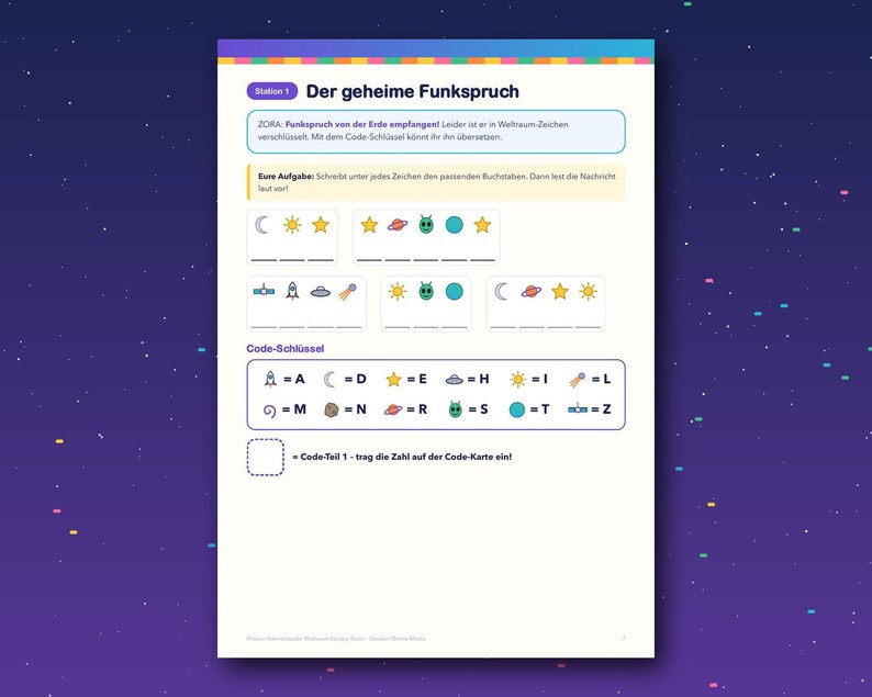 May include: A white educational worksheet titled Station 1 Der geheime Funkspruch featuring a space-themed cipher puzzle. It includes rows of colorful icons representing letters, a code key with symbols, and instructions for decoding messages.