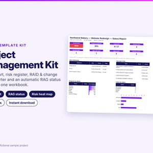 Può includere: Un kit di modelli Excel per la gestione dei progetti con dashboard di report di stato, diagramma di Gantt, registro dei rischi, log RAID e stato RAG. Il testo include Project Management Kit, Auto Gantt, RAG status, Risk heat map, No macros.