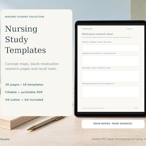 Plantillas de estudio de enfermería en PDF, mapas conceptuales rellenables, tarjetas de medicación en blanco y cuaderno de ejercicios de recuerdo activo.