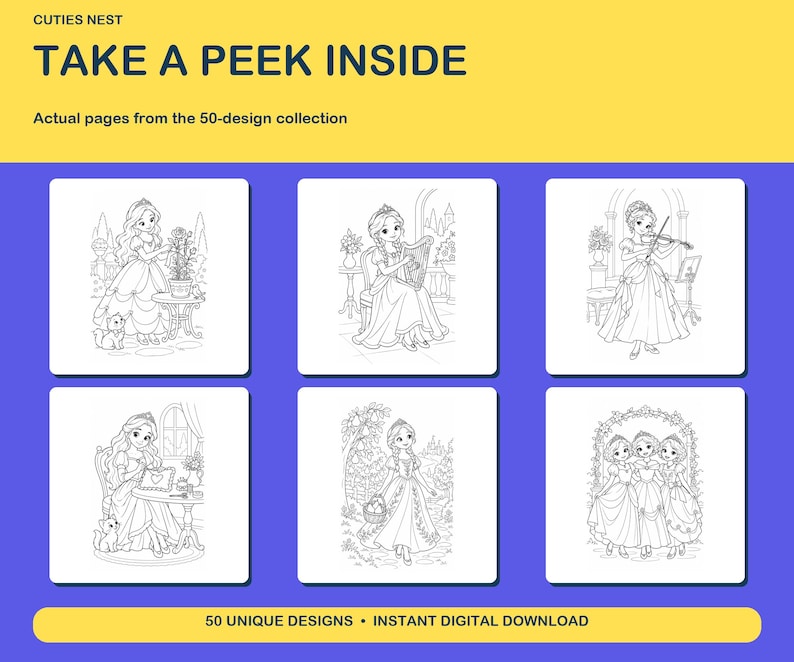 50 Princess Coloring Pages, Printable Coloring Book, Original Designs ...