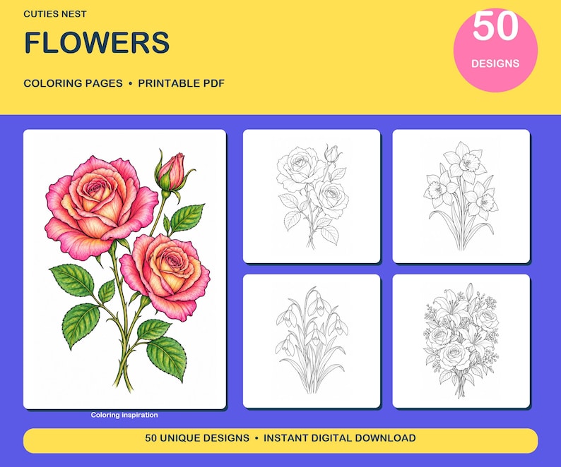 50 Flowers Coloring Pages, Printable Coloring Book, Original Designs ...