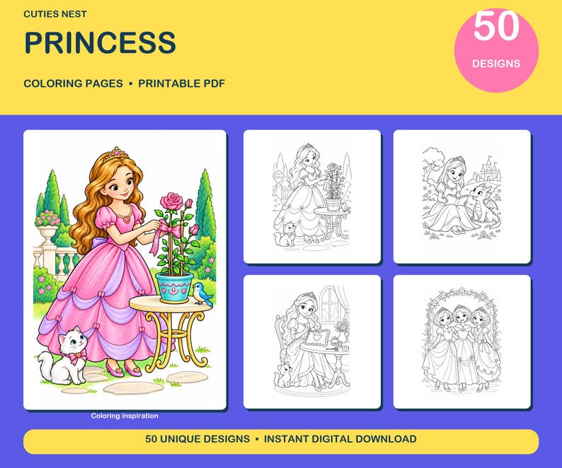 50 Princess Coloring Pages, Printable Coloring Book, Original Designs ...