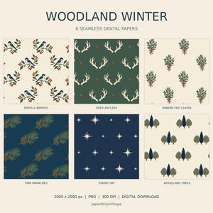 以下が含まれることがあります： WOODLAND WINTERと題された6種類のシームレスデジタルペーパーセット。ベリーの枝にとまる鳥、緑地に白い鹿の角、リボンで結ばれた葉、紺地に松の枝、星空、クリーム地に木々が描かれたパターンが含まれています。