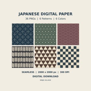 以下が含まれることがあります： 36個のPNG、6つのパターン、6つの色を含む日本のデジタルペーパーコレクション。デザインには、重なり合う円、幾何学的な線、波、矢印、三角形、市松模様が含まれています。テキスト：JAPANESE DIGITAL PAPER, 36 PNGs | 6 Patterns | 6 Colors, SEAMLESS | 2000 x 2000 px | 300 DPI, DIGITAL DOWNLOAD, NINJA VILLAGE。