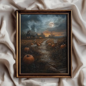 Lámina artística de pintura al óleo "Campo de calabazas al atardecer", paisaje otoñal de granja a la luz de la luna, arte mural vintage con ambiente melancólico para imprimir.