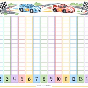 May include: A rectangular reward chart featuring a race track border with two checkered flags and two race cars at the top. The chart contains fifteen vertical columns with empty boxes and the numbers 1 through 15 at the bottom. The text Gold Star Ready is printed at the bottom center.