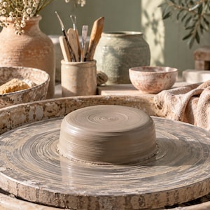 May include: A centered, circular lump of wet, grey clay sits on a rotating pottery wheel. In the background, there are various ceramic vessels, including a tall terracotta vase, a small bowl, and a container holding metal sculpting tools.