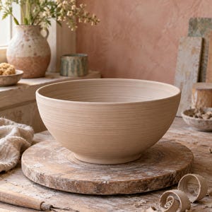 May include: A large, round, light beige ceramic bowl with a smooth, matte finish and subtle horizontal ridged texture. The bowl sits centered on a thick, circular wooden pottery wheel, showcasing a clean, minimalist, and functional design.