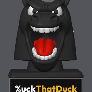 May include: A black horse head figurine with a white mane, white teeth, and a bright red tongue. The horse has an aggressive expression with a wide-open mouth. It sits on a black rectangular base featuring the white and yellow text %uckThatDuck.