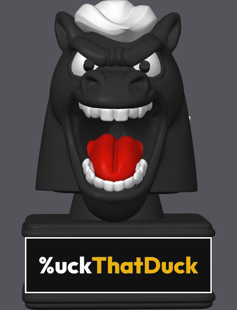 May include: A black horse head figurine with a white mane, white teeth, and a bright red tongue. The horse has an aggressive expression with a wide-open mouth. It sits on a black rectangular base featuring the white and yellow text %uckThatDuck.
