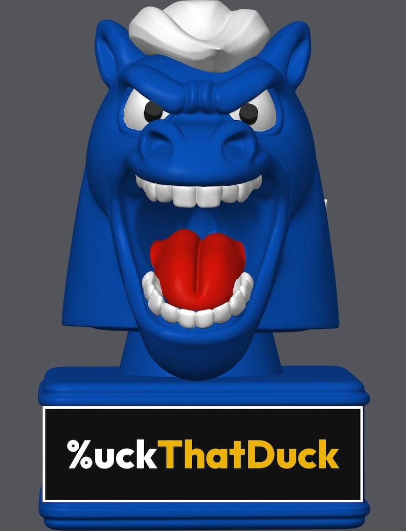May include: A blue horse head figurine with a white mane, white teeth, and a bright red tongue. The horse has an aggressive expression with a wide-open mouth. Below the head is a rectangular base featuring the text %uckThatDuck in white and yellow.