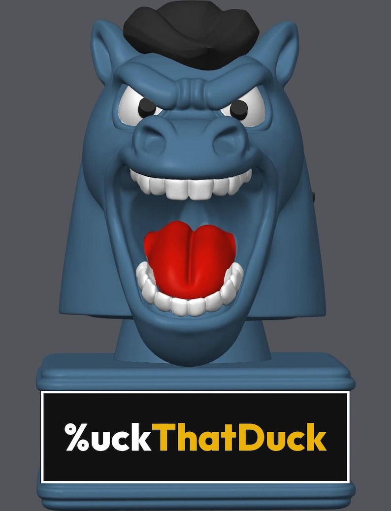 May include: A blue horse head figurine with a black mane, white teeth, and a bright red tongue, mounted on a rectangular base featuring a black plaque with the white and yellow text %uckThatDuck printed on the front.