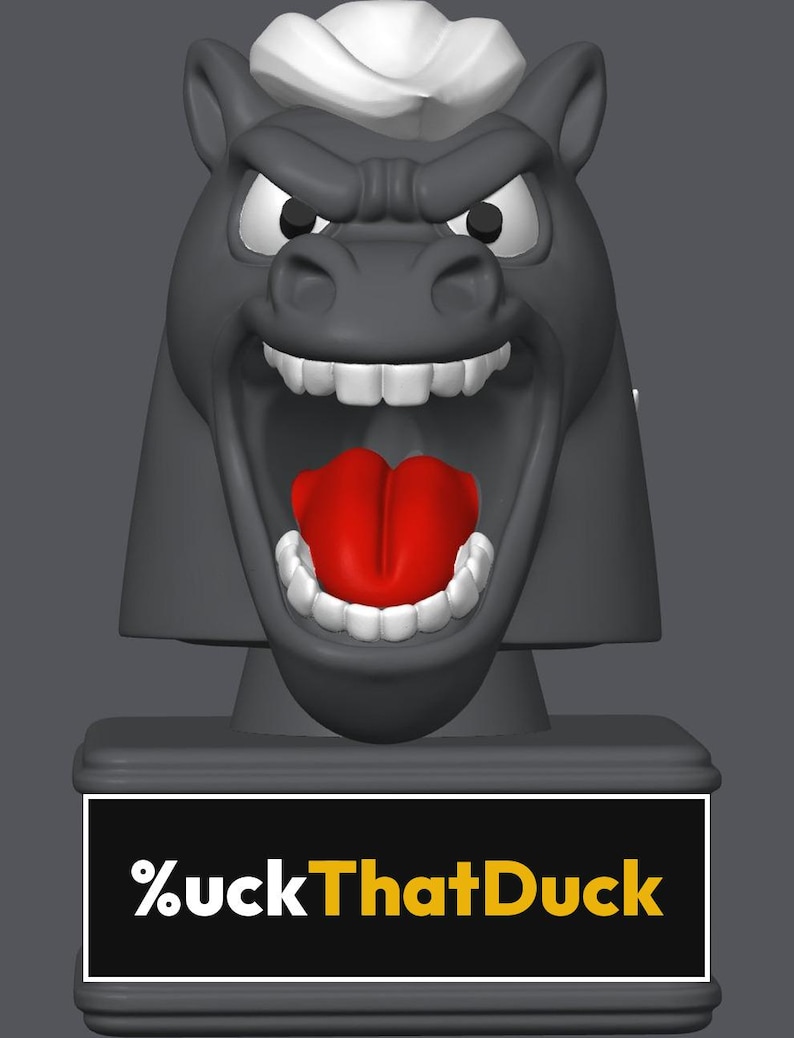 May include: A gray horse head figurine with a white mane, wide-open mouth, visible white teeth, and a bright red tongue. The base features a black rectangular plaque with the white and yellow text %uckThatDuck printed on the front surface.