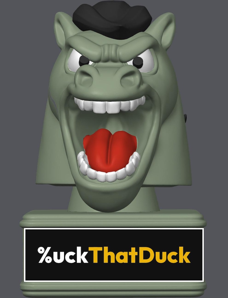 May include: A sage green horse head figurine with a black mane, wide open mouth, white teeth, and a bright red tongue. The base features a black rectangular plaque with the white and yellow text %uckThatDuck printed on the front surface.