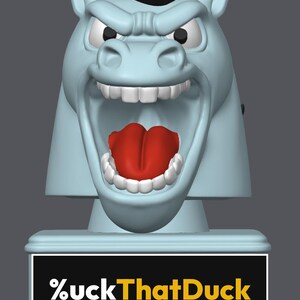 May include: A light blue horse head figurine with a black mane, white teeth, and a bright red tongue. The horse has an aggressive, open-mouthed expression. Below the head is a rectangular base with the text %uckThatDuck in white and yellow.
