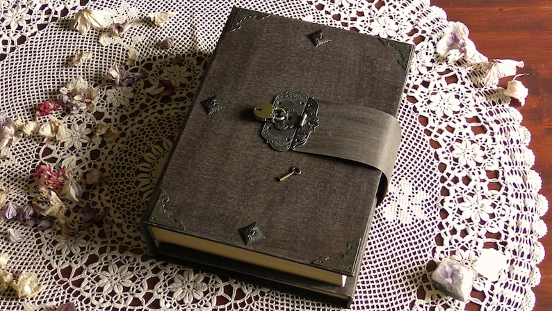May include: A dark brown leather-bound journal with a metal lock and key. The journal is closed and has a decorative strap.