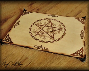 Wiccan altar base with pentacle and celtic knots and branches, made with wood - handmade and pyrographed - pagan witch