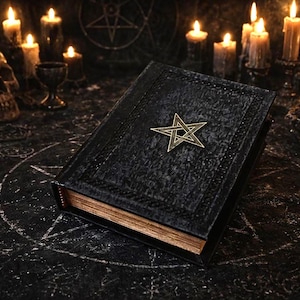 May include: A black, textured book with a gold pentagram emblem, resting on a dark surface. Lit candles and a skull are in the background, creating a gothic or occult theme.