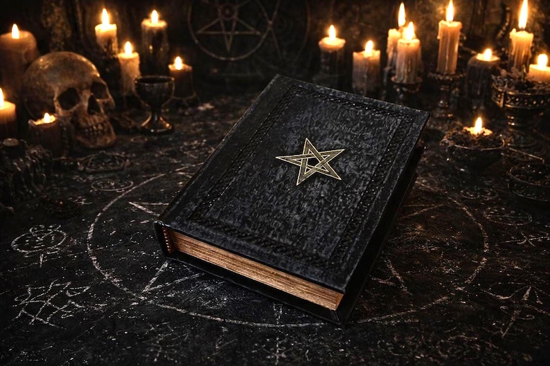 May include: A black, textured book with a gold pentagram emblem, resting on a dark surface. Lit candles and a skull are in the background, creating a gothic or occult theme.