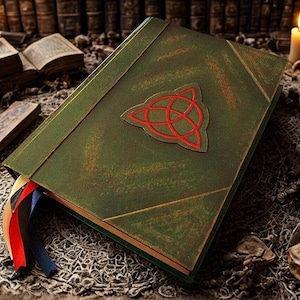 Puede incluir: Un libro verde encuadernado en cuero con un emblema de nudo celta rojo. El libro tiene un acabado envejecido y marcadores de cinta coloridos. El fondo incluye otros libros y una vela, lo que sugiere un tema m&iacute;stico o de fantas&iacute;a.