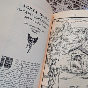 May include: Open book with text and illustrations. The left page features text in Latin and a small illustration of a winged figure. The right page shows a detailed drawing of a stone maze with a figure in the foreground.