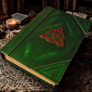 May include: A green, leather-bound book with a red Celtic knot emblem. The book has gold-colored edges and is set against a backdrop of candles and other books, creating a mystical atmosphere.